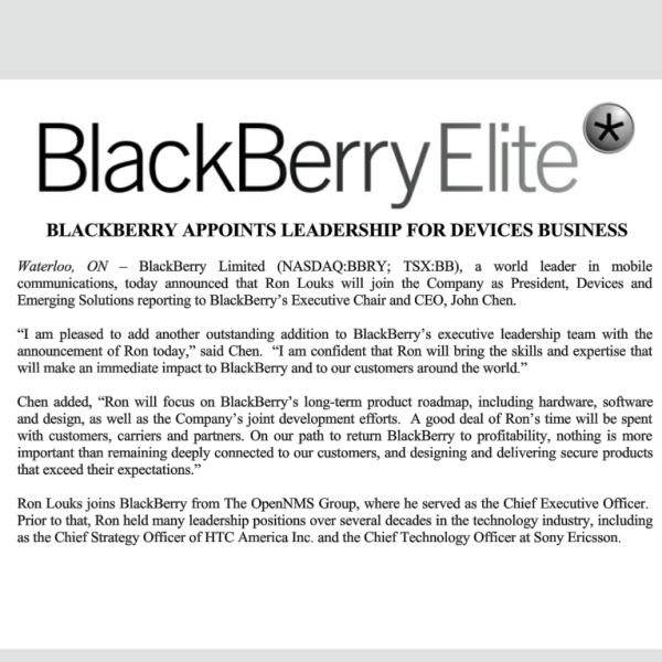 BLACKBERRY APPOINTS LEADERSHIP FOR DEVICES BUSINESS